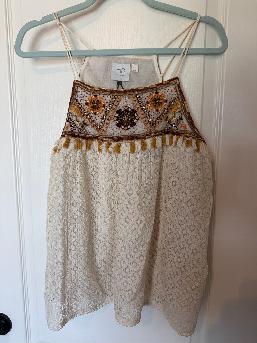 HD in Paris Cream Lace Tank Top with Mustard Embroidery